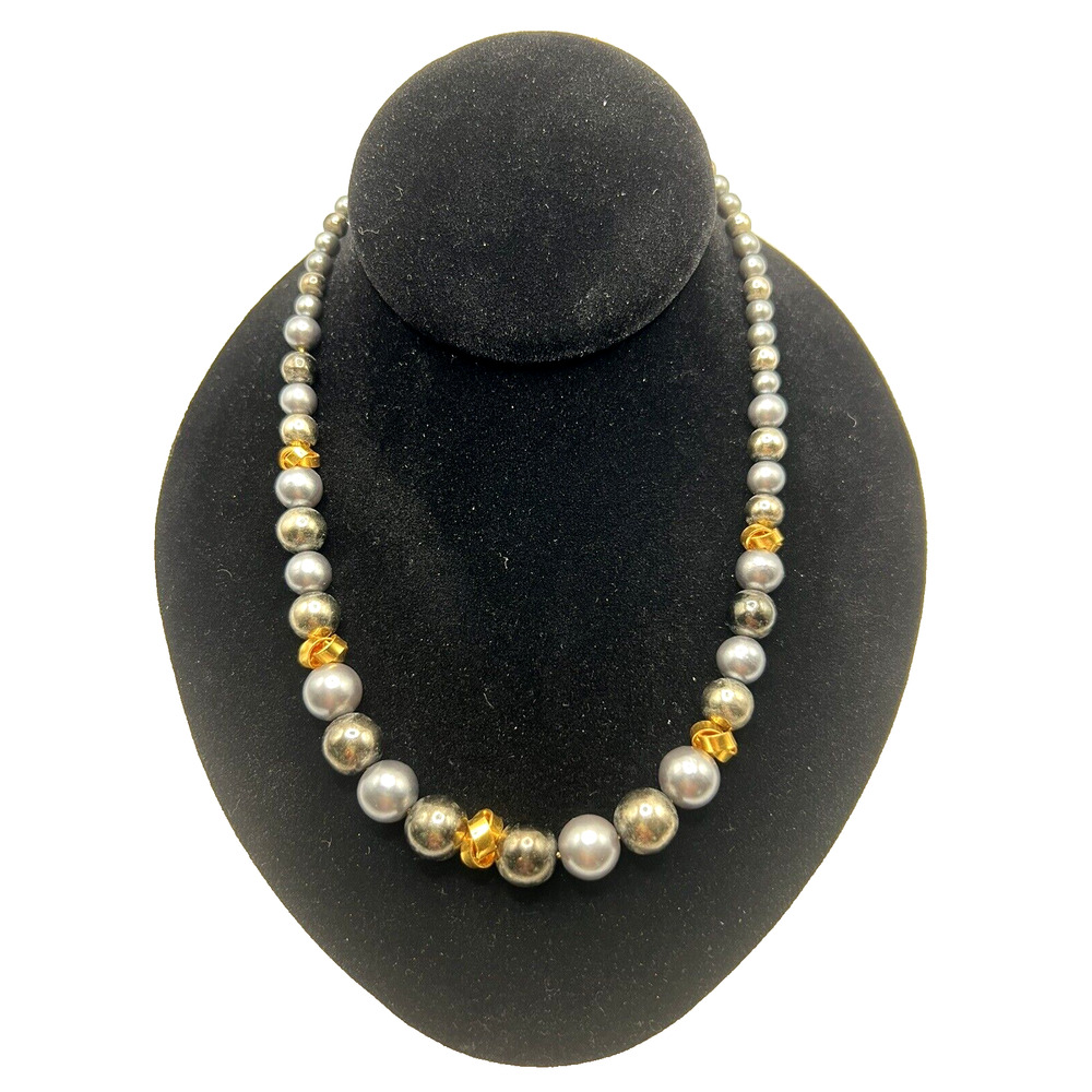 Signed Act II Black & Gray Faux Pearl Beaded Necklace w/ Brass Plated Accents
